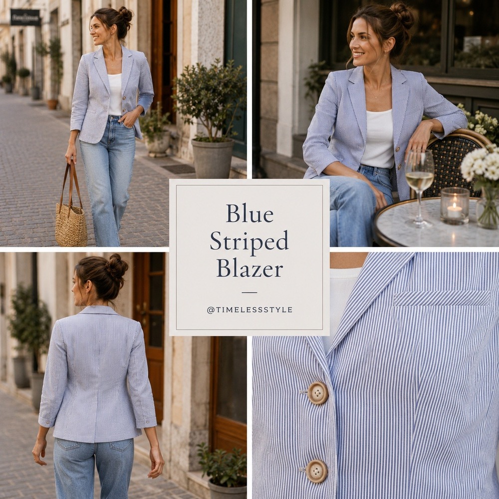 Womens Blue White Seersucker Striped Blazer Jacket 10 3/4 Sleeve